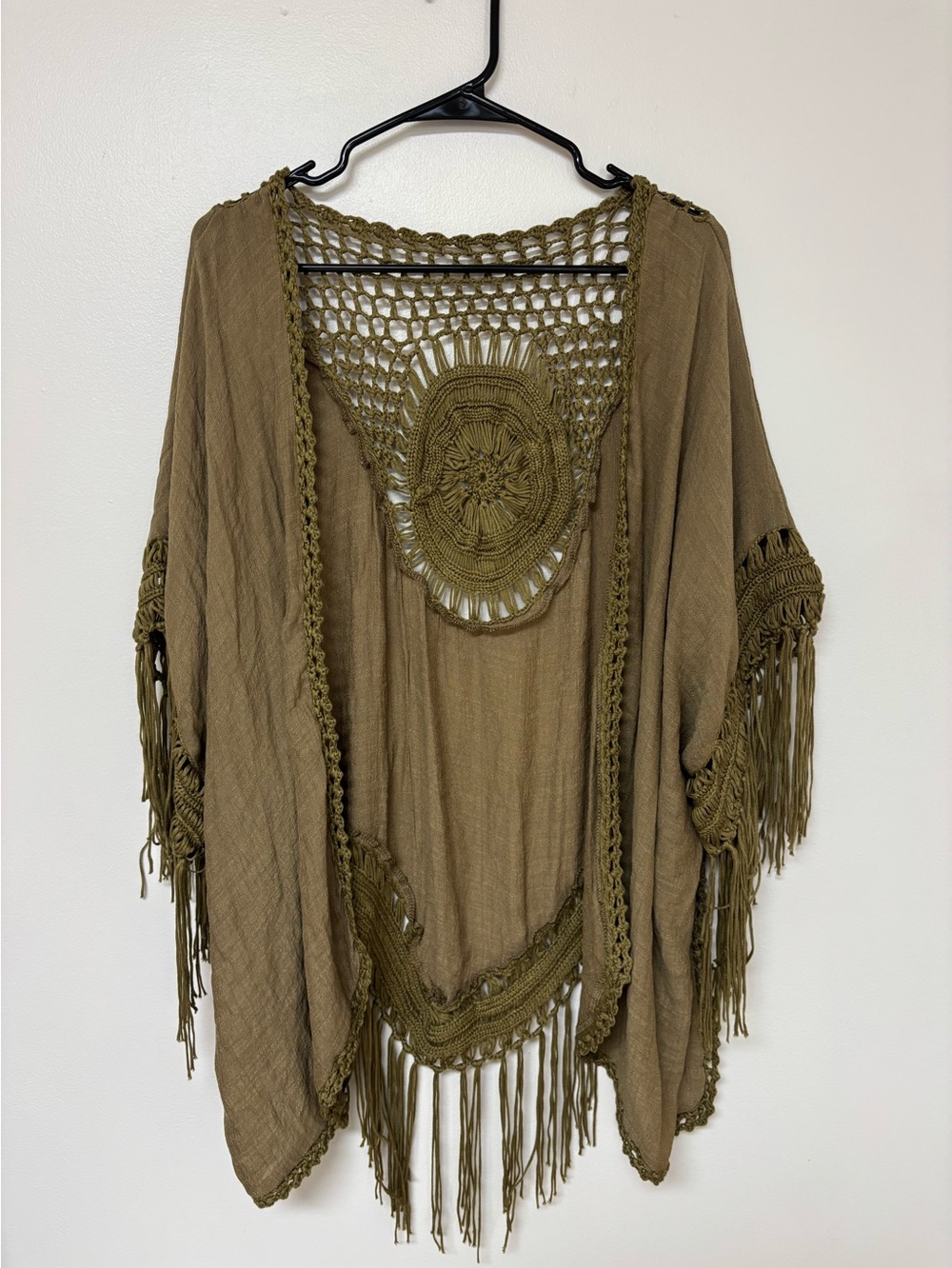 Boho lagenlook cowgirl crochet fringe green kimono cardigan open front